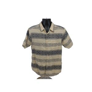 True Grit‎ Mens Shirt S Beige Blue Tribal Aztec Stripe Button Up Short Sleeve